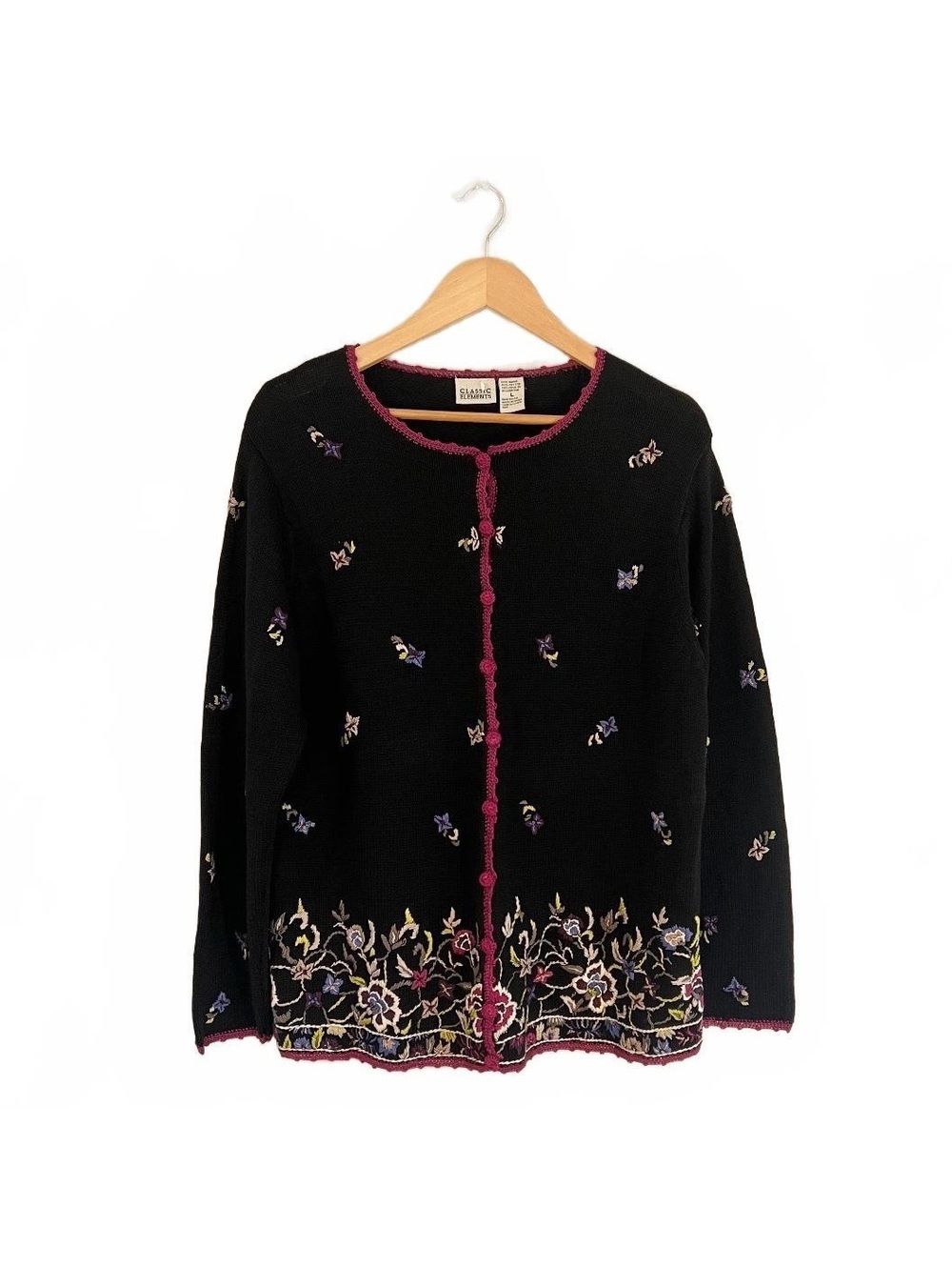 Vintage 1990’s Black Flower Embroidered Cardigan Cottagecore Whimsy Winter